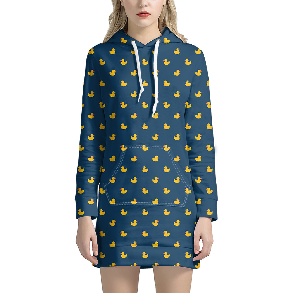 Yellow Duck Pattern Print Women's Pullover Hoodie Dress