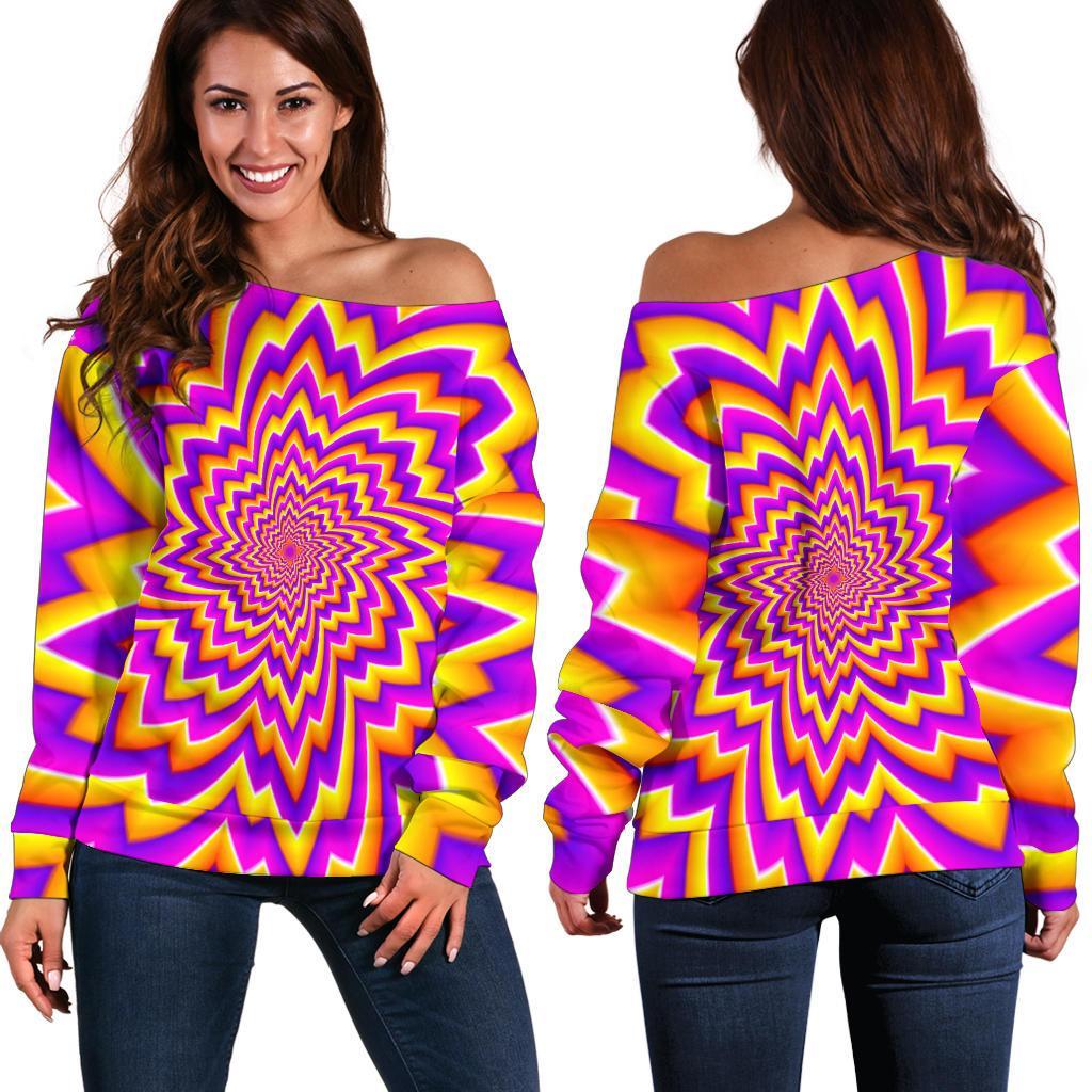 Yellow Expansion Moving Optical Illusion Women's Off-Shoulder Sweatshirt