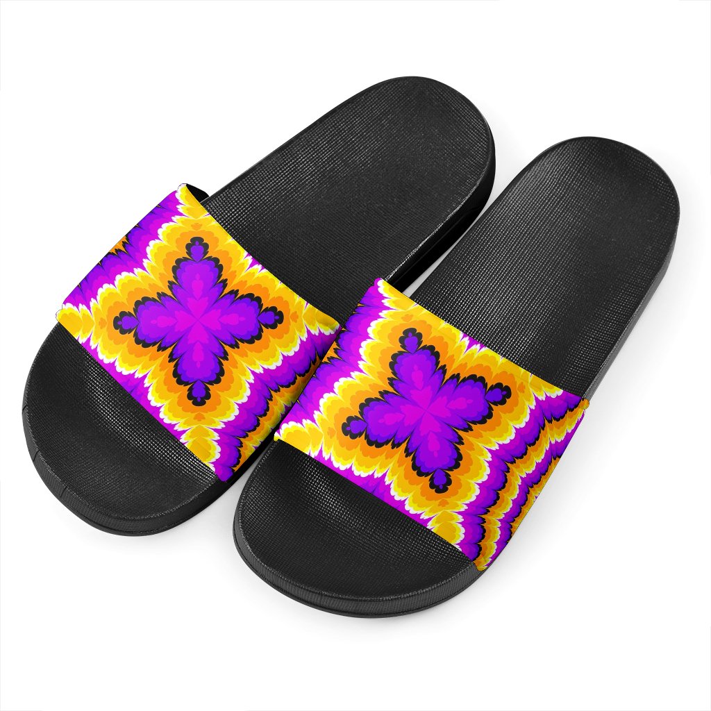 Yellow Explosion Moving Optical Illusion Black Slide Sandals