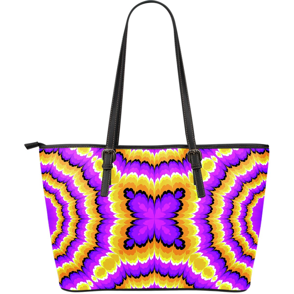 Yellow Explosion Moving Optical Illusion Leather Tote Bag