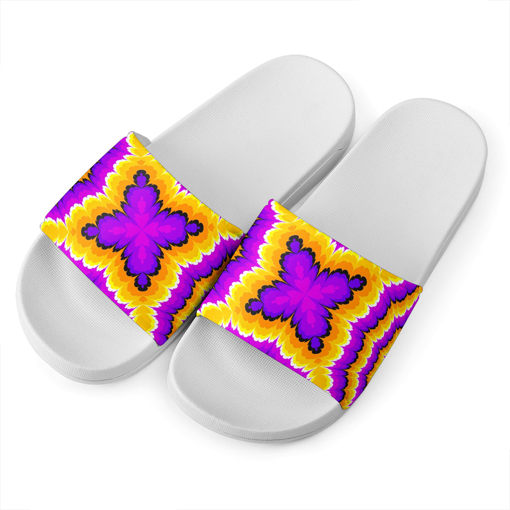 Yellow Explosion Moving Optical Illusion White Slide Sandals