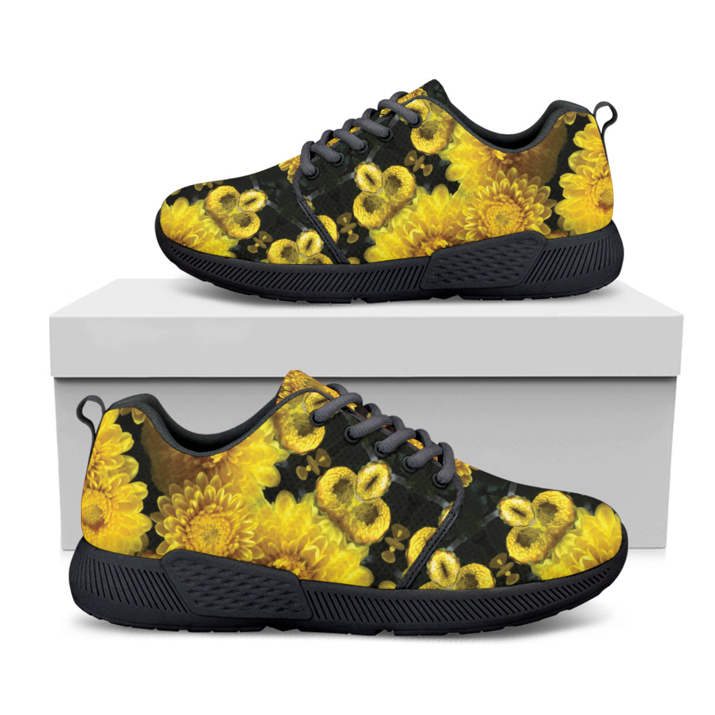 Yellow Flower Kaleidoscope Print Black Athletic Shoes