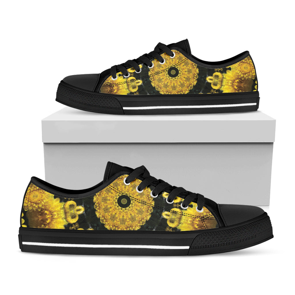 Yellow Flower Kaleidoscope Print Black Low Top Shoes