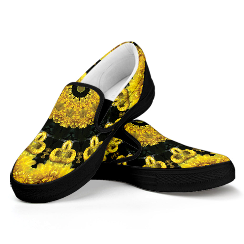 Yellow Flower Kaleidoscope Print Black Slip On Shoes