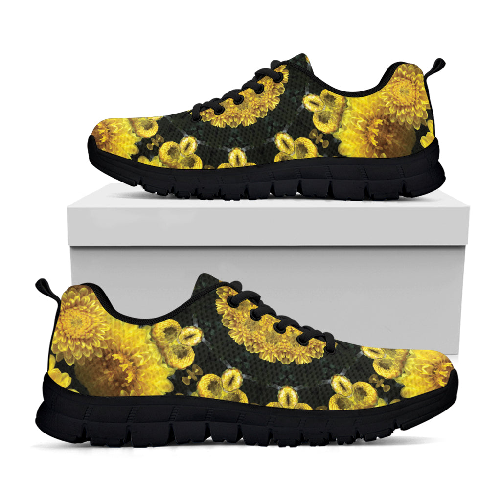 Yellow Flower Kaleidoscope Print Black Sneakers