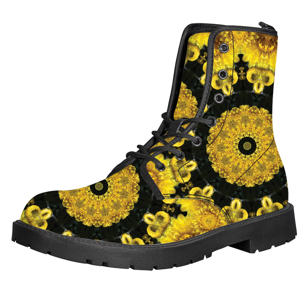 Yellow Flower Kaleidoscope Print Leather Boots