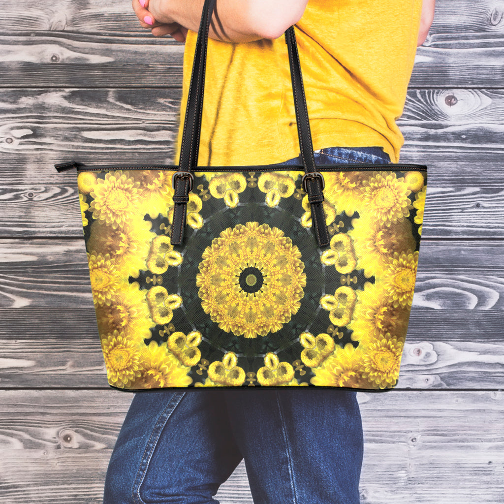 Yellow Flower Kaleidoscope Print Leather Tote Bag