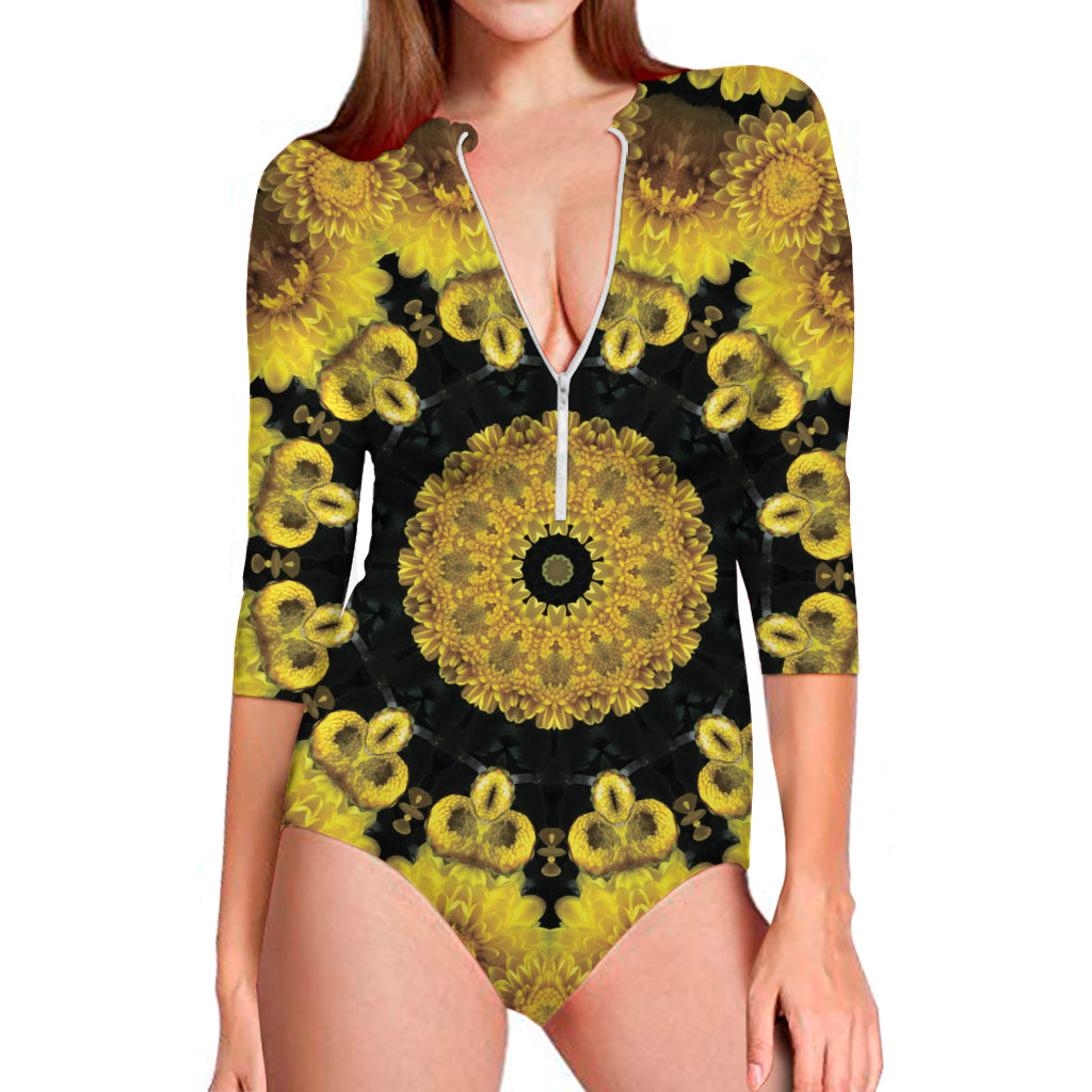 Yellow Flower Kaleidoscope Print Long Sleeve One Piece Swimsuit