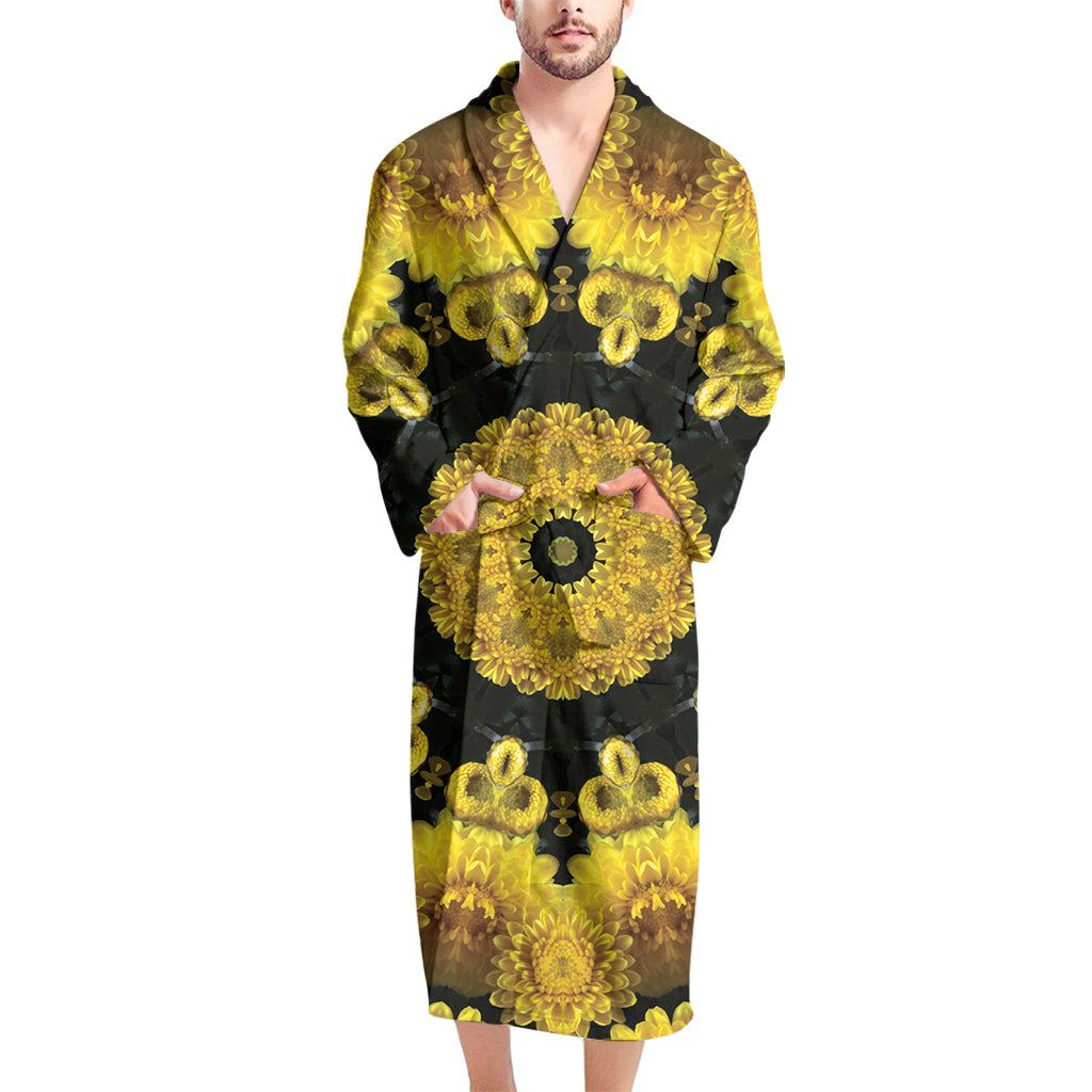 Yellow Flower Kaleidoscope Print Men's Bathrobe