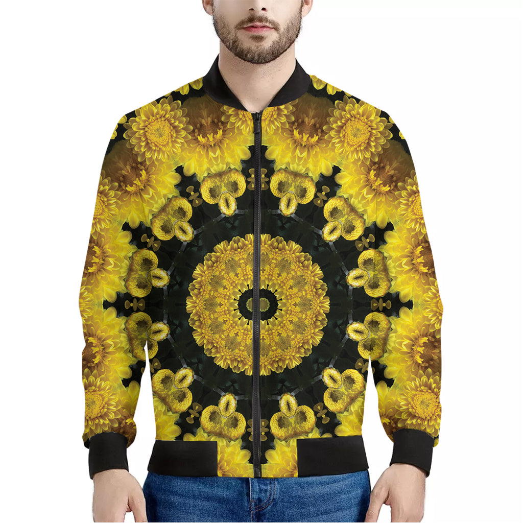 Yellow Flower Kaleidoscope Print Men's Bomber Jacket