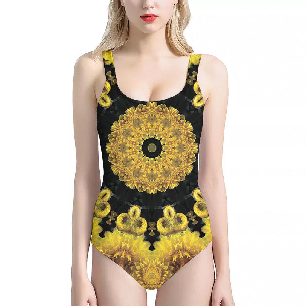 Yellow Flower Kaleidoscope Print One Piece Halter Neck Swimsuit