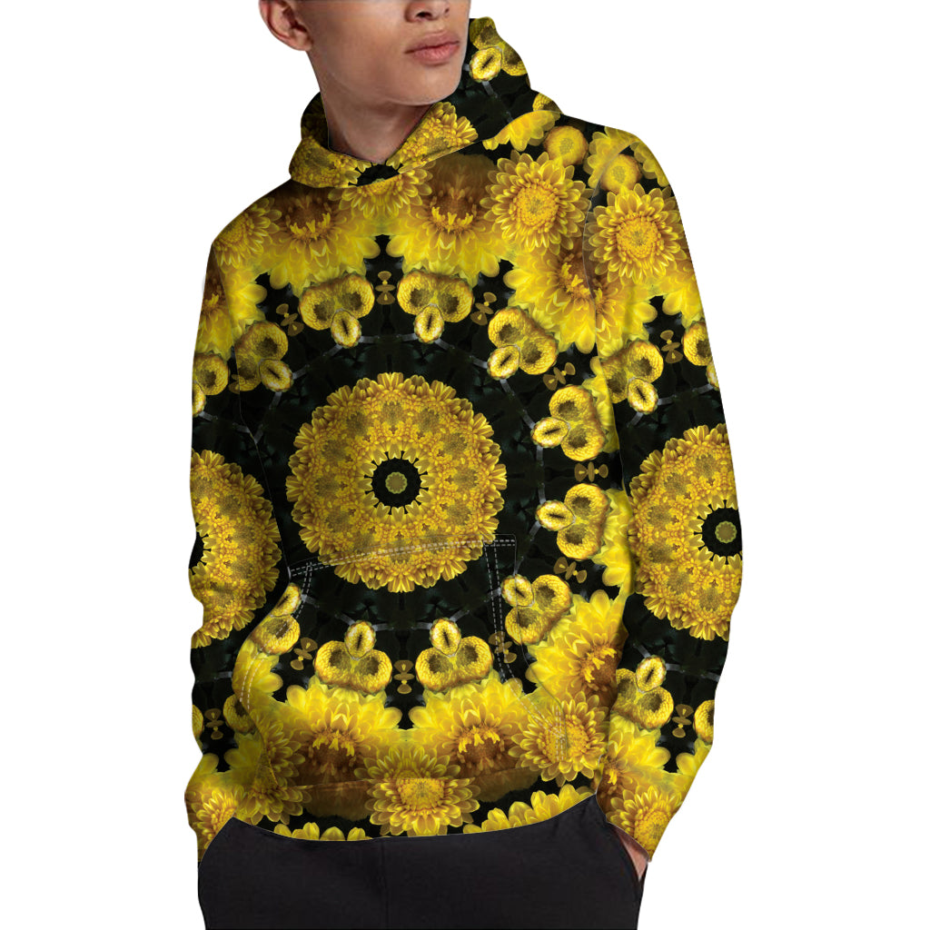 Yellow Flower Kaleidoscope Print Pullover Hoodie