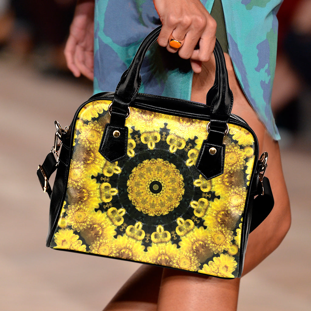 Yellow Flower Kaleidoscope Print Shoulder Handbag