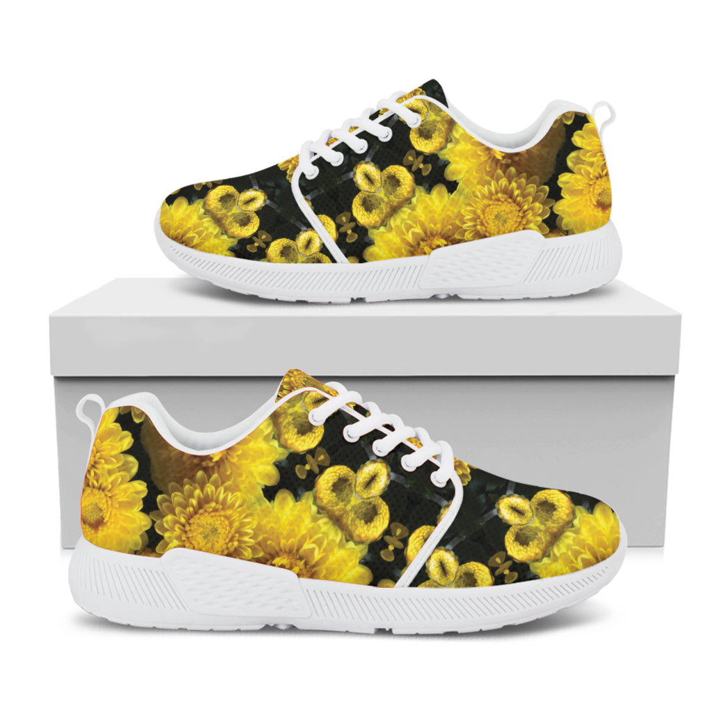 Yellow Flower Kaleidoscope Print White Athletic Shoes