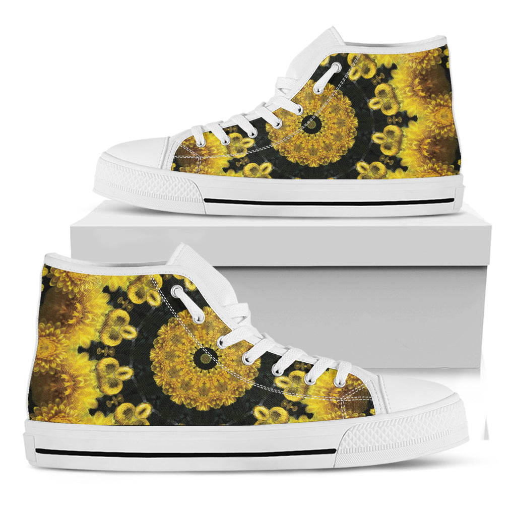 Yellow Flower Kaleidoscope Print White High Top Shoes