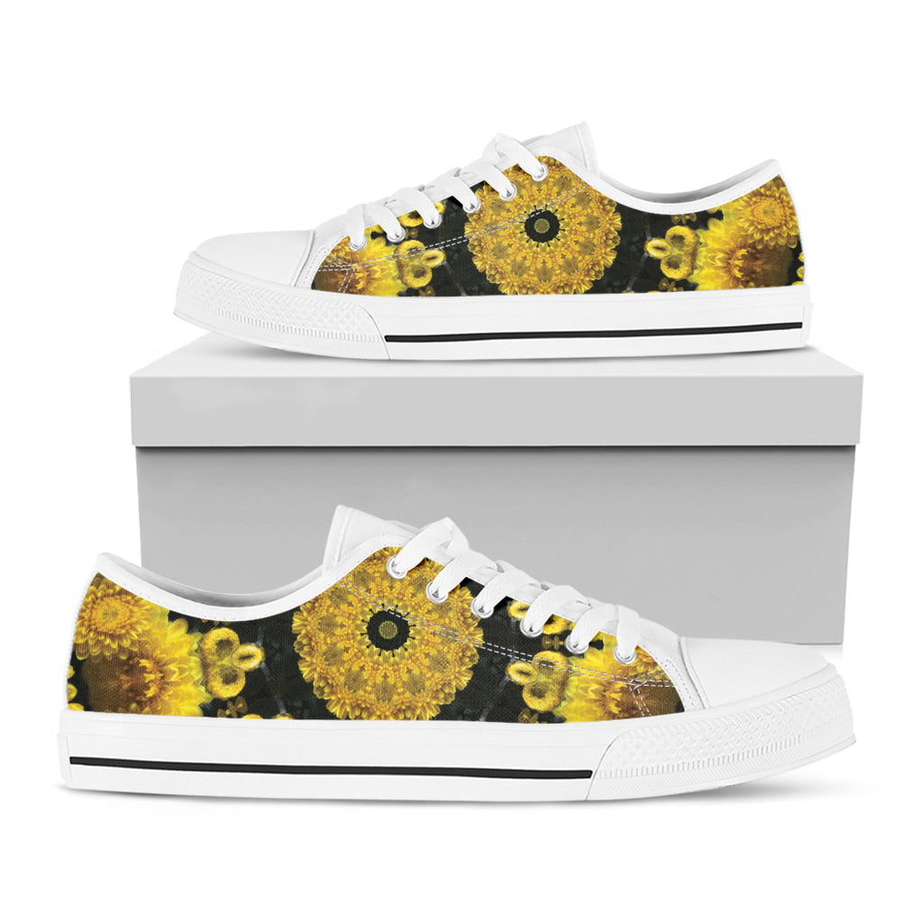 Yellow Flower Kaleidoscope Print White Low Top Shoes