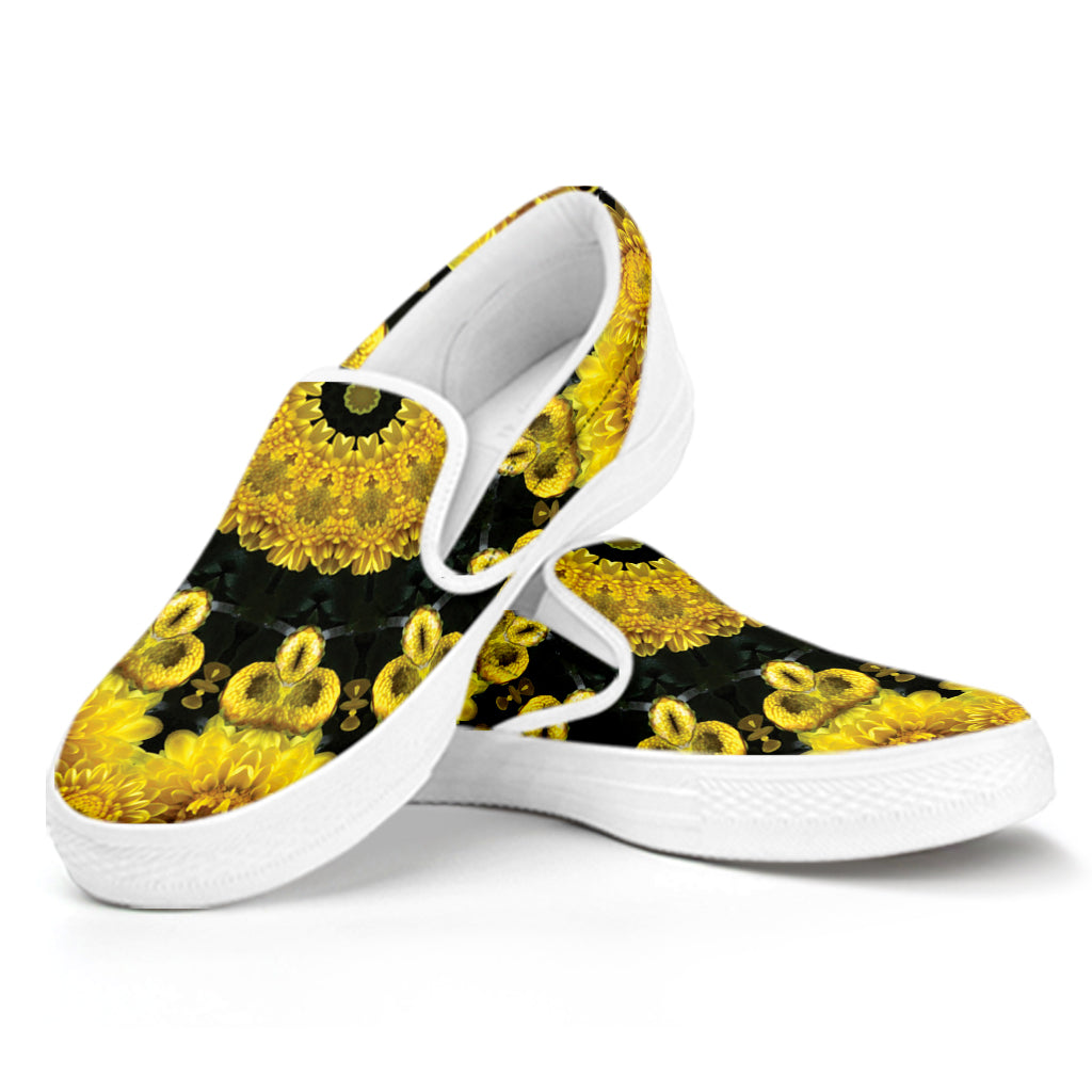 Yellow Flower Kaleidoscope Print White Slip On Shoes