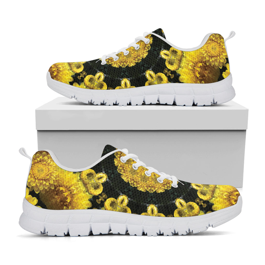 Yellow Flower Kaleidoscope Print White Sneakers