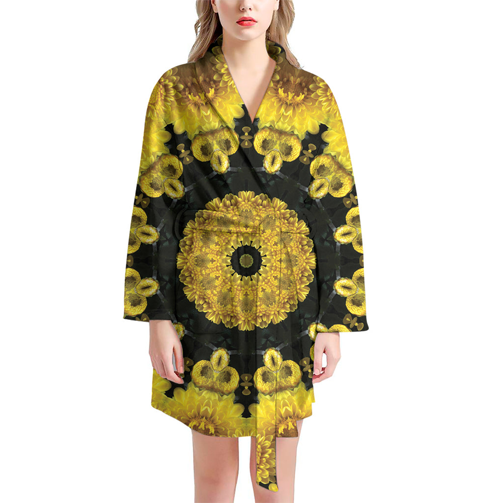 Yellow Flower Kaleidoscope Print Women's Bathrobe