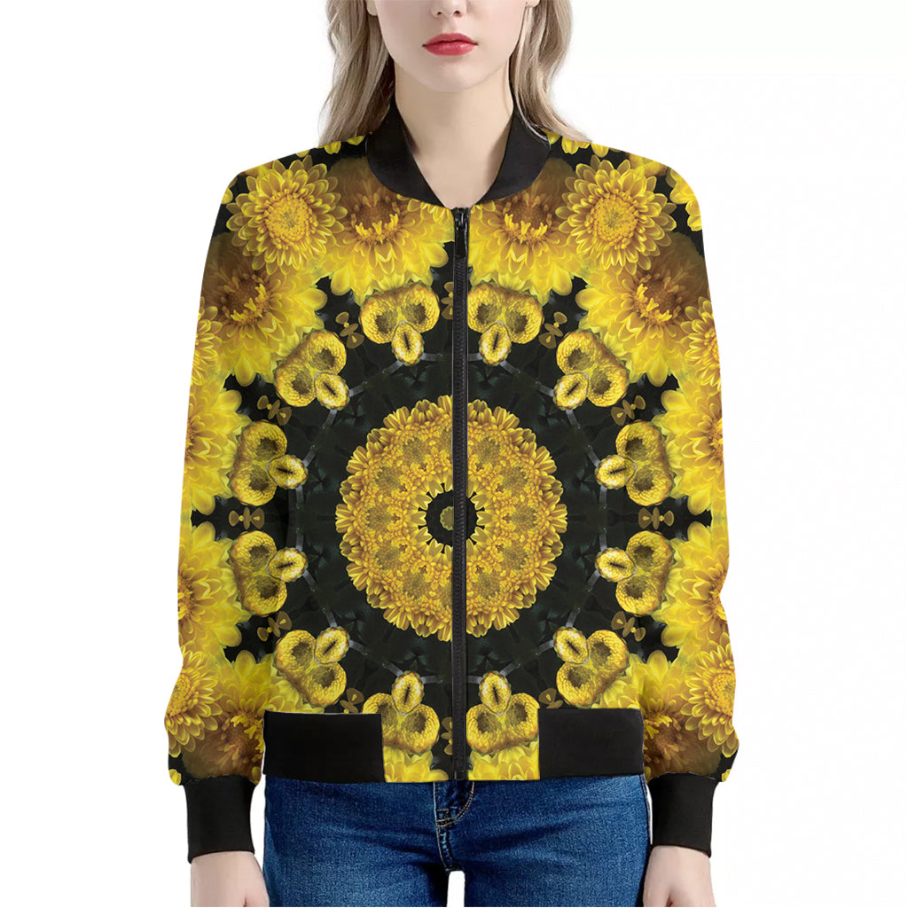 Yellow Flower Kaleidoscope Print Women's Bomber Jacket