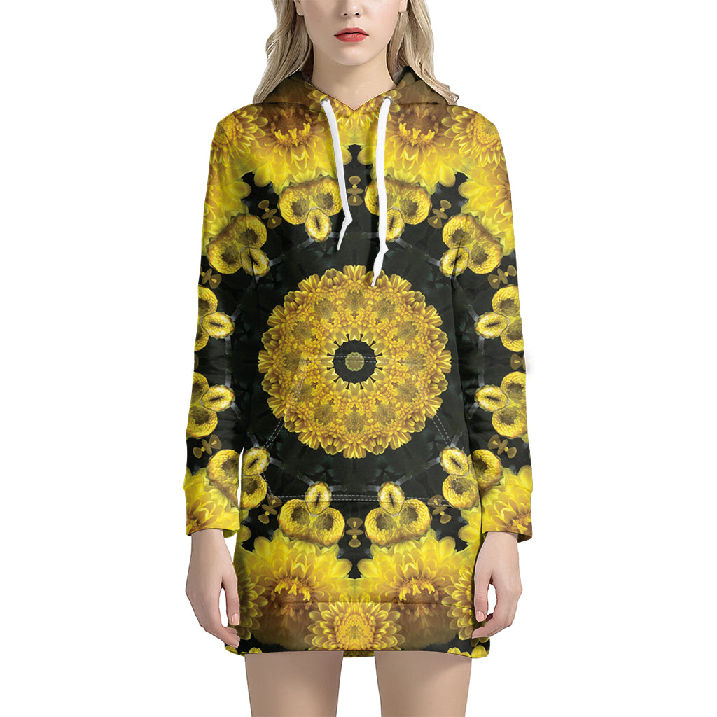 Yellow Flower Kaleidoscope Print Women's Pullover Hoodie Dress