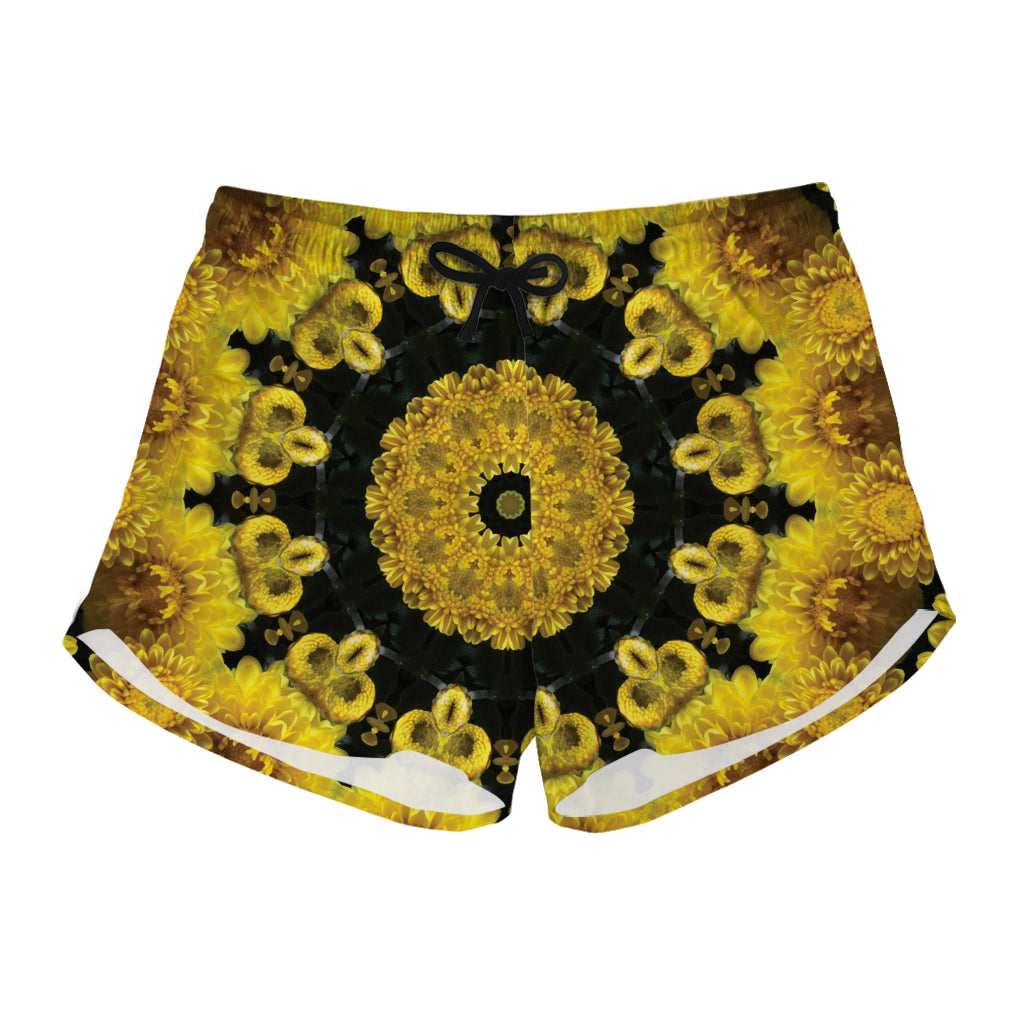 Yellow Flower Kaleidoscope Print Women's Shorts