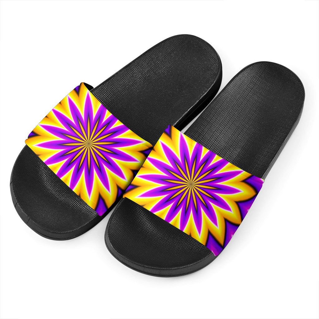 Yellow Flower Moving Optical Illusion Black Slide Sandals