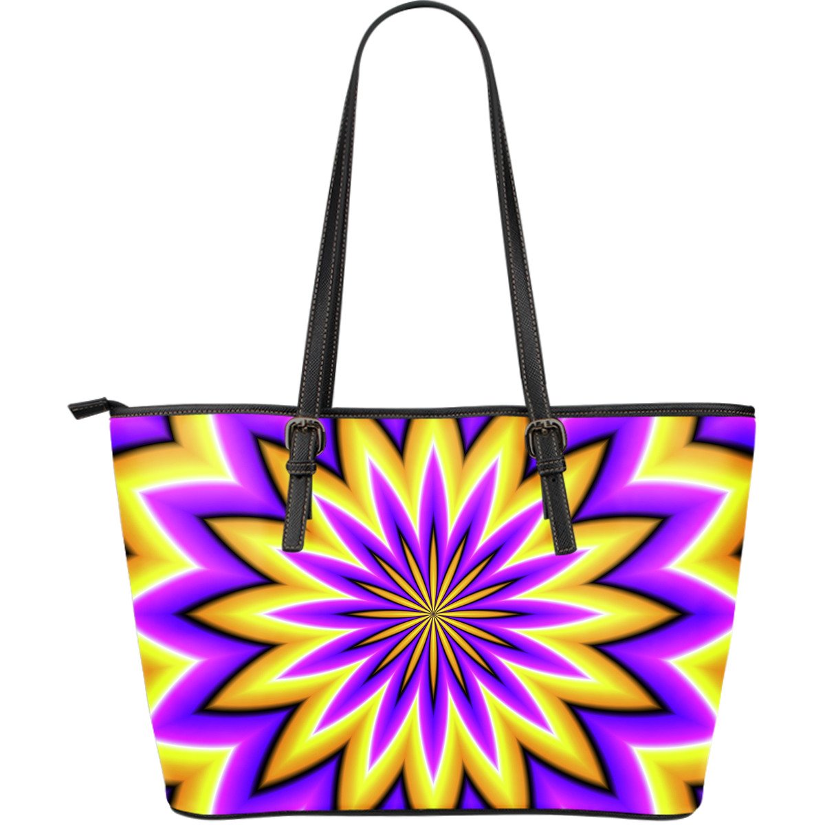 Yellow Flower Moving Optical Illusion Leather Tote Bag