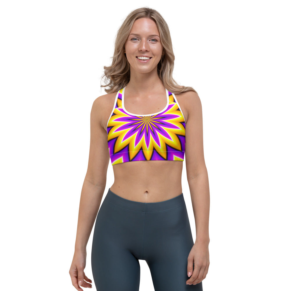 Yellow Flower Moving Optical Illusion Women's Sports Bra