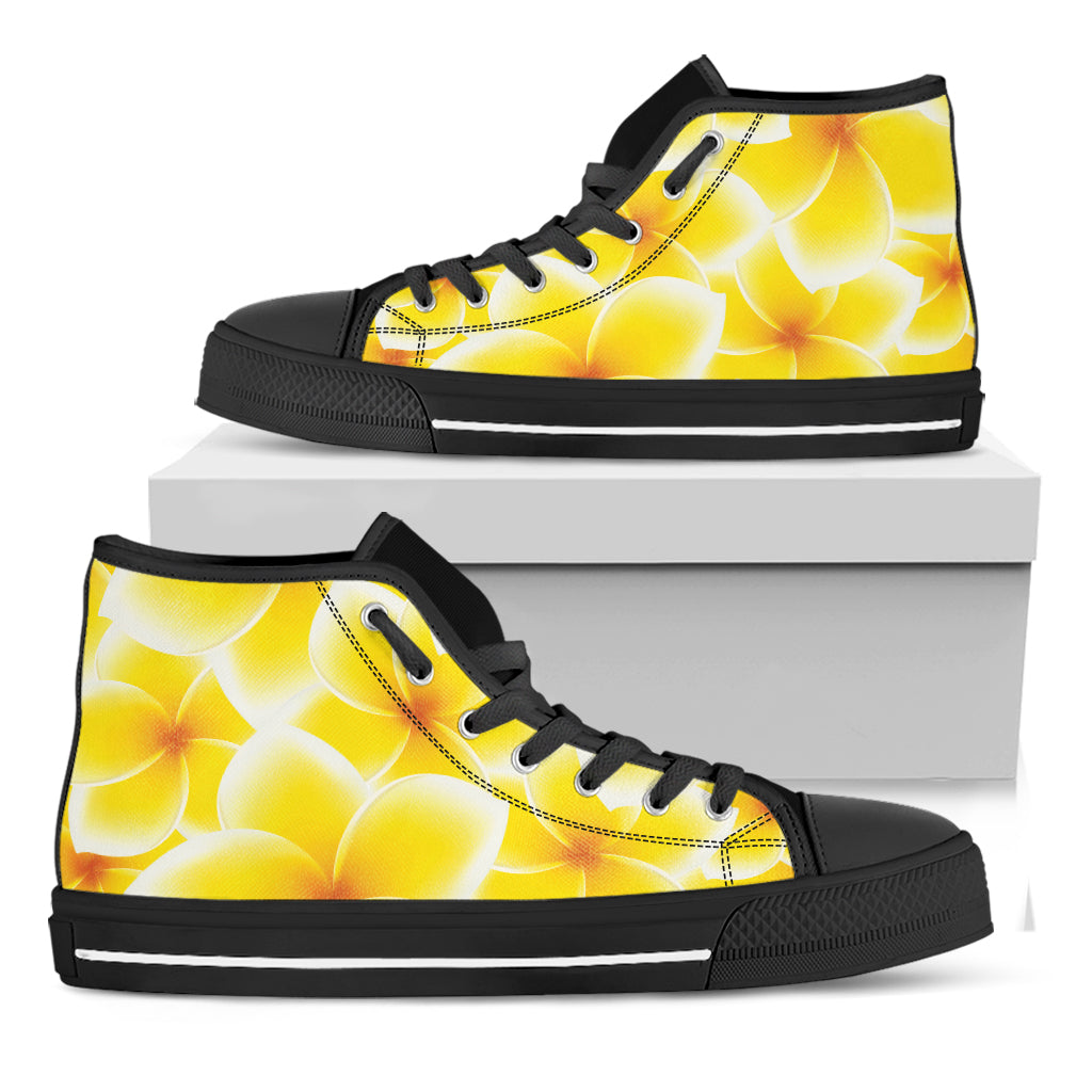 Yellow Frangipani Pattern Print Black High Top Shoes