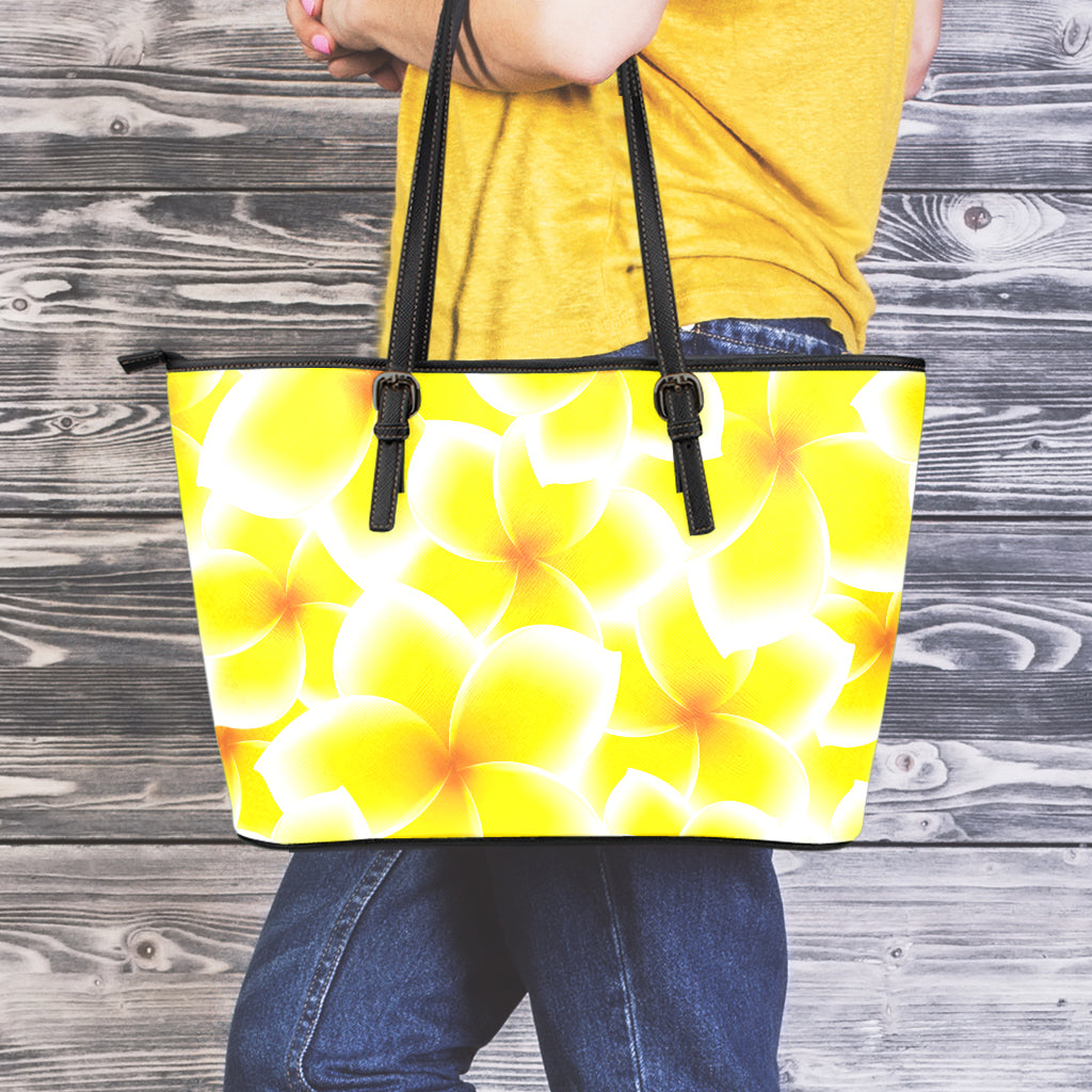 Yellow Frangipani Pattern Print Leather Tote Bag