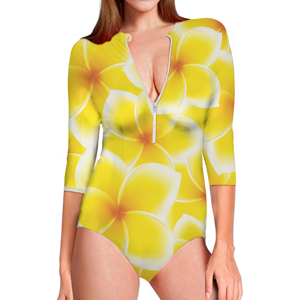 Yellow Frangipani Pattern Print Long Sleeve One Piece Swimsuit