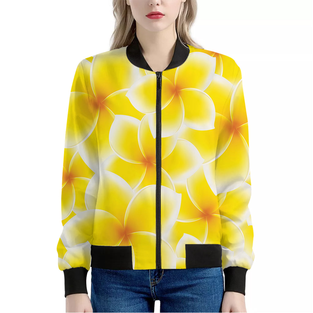 Yellow Frangipani Pattern Print Women's Bomber Jacket