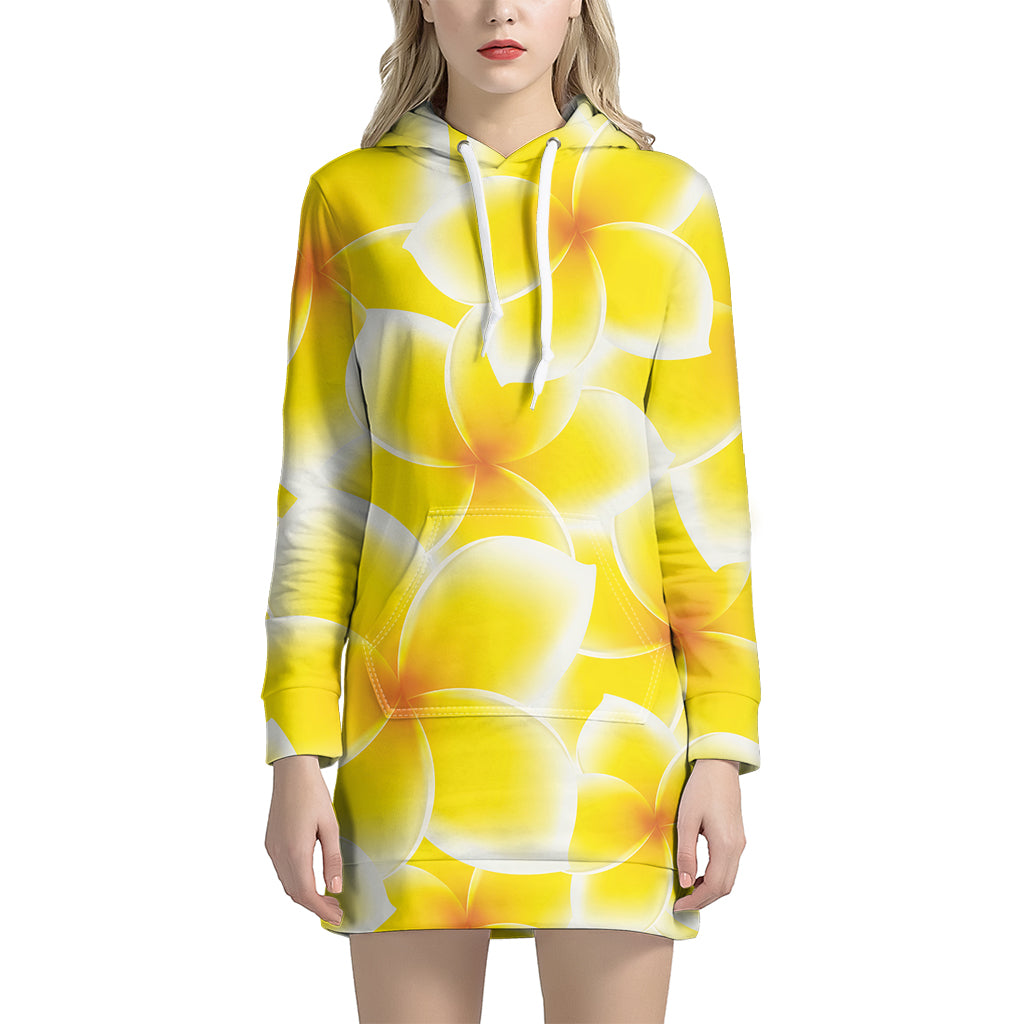 Yellow Frangipani Pattern Print Women's Pullover Hoodie Dress