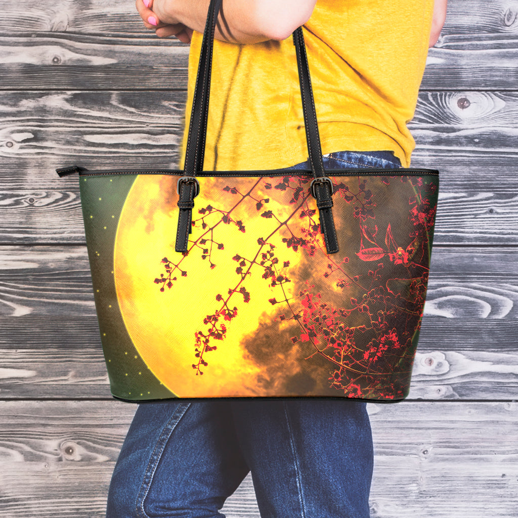 Yellow Full Moon Print Leather Tote Bag