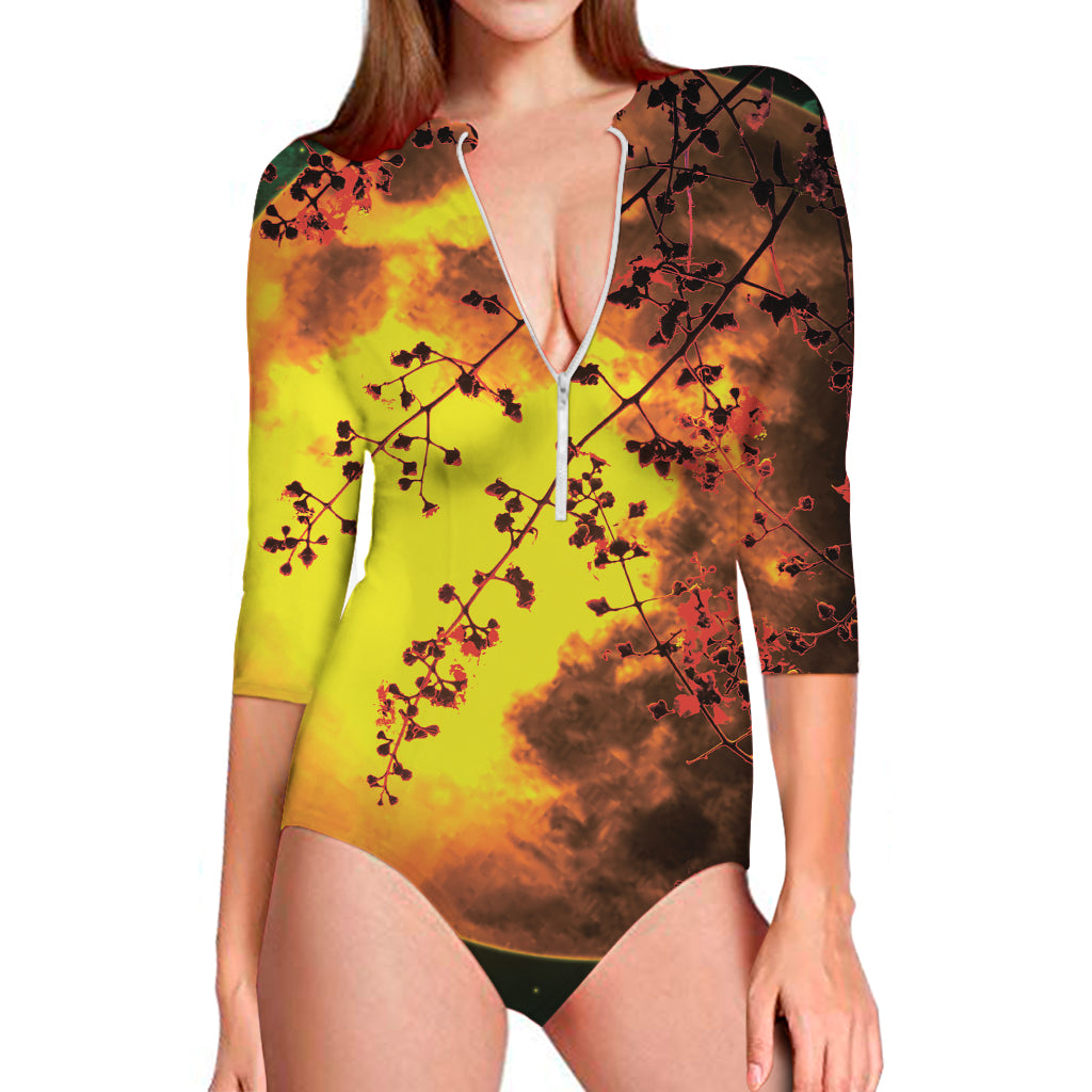 Yellow Full Moon Print Long Sleeve One Piece Swimsuit