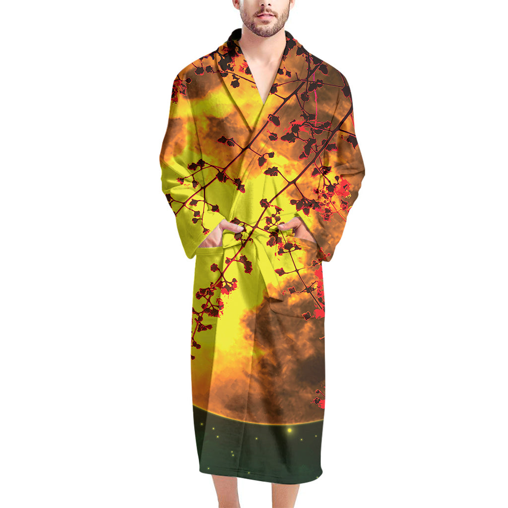 Yellow Full Moon Print Men's Bathrobe