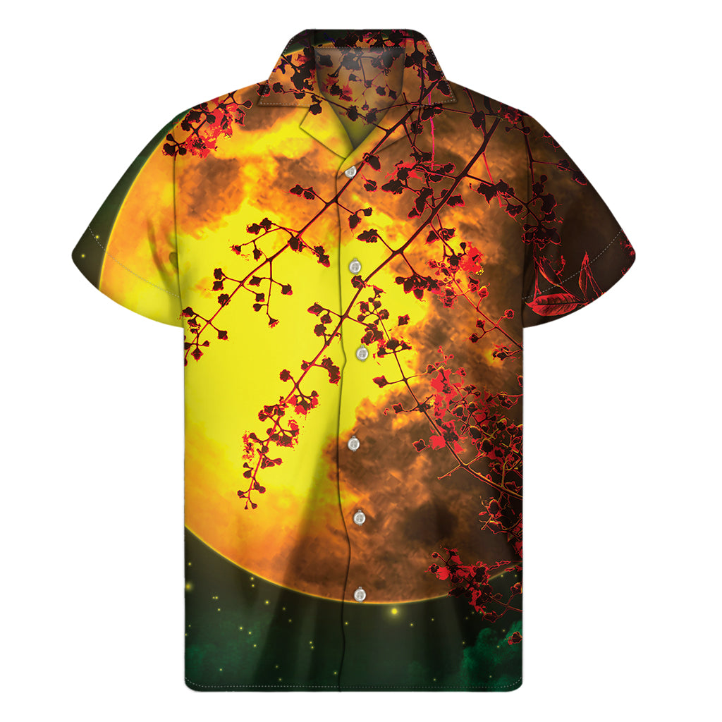 Yellow Full Moon Print Men's Short Sleeve Shirt