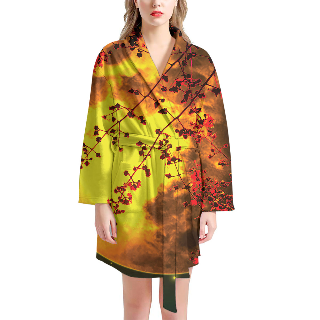 Yellow Full Moon Print Women's Bathrobe