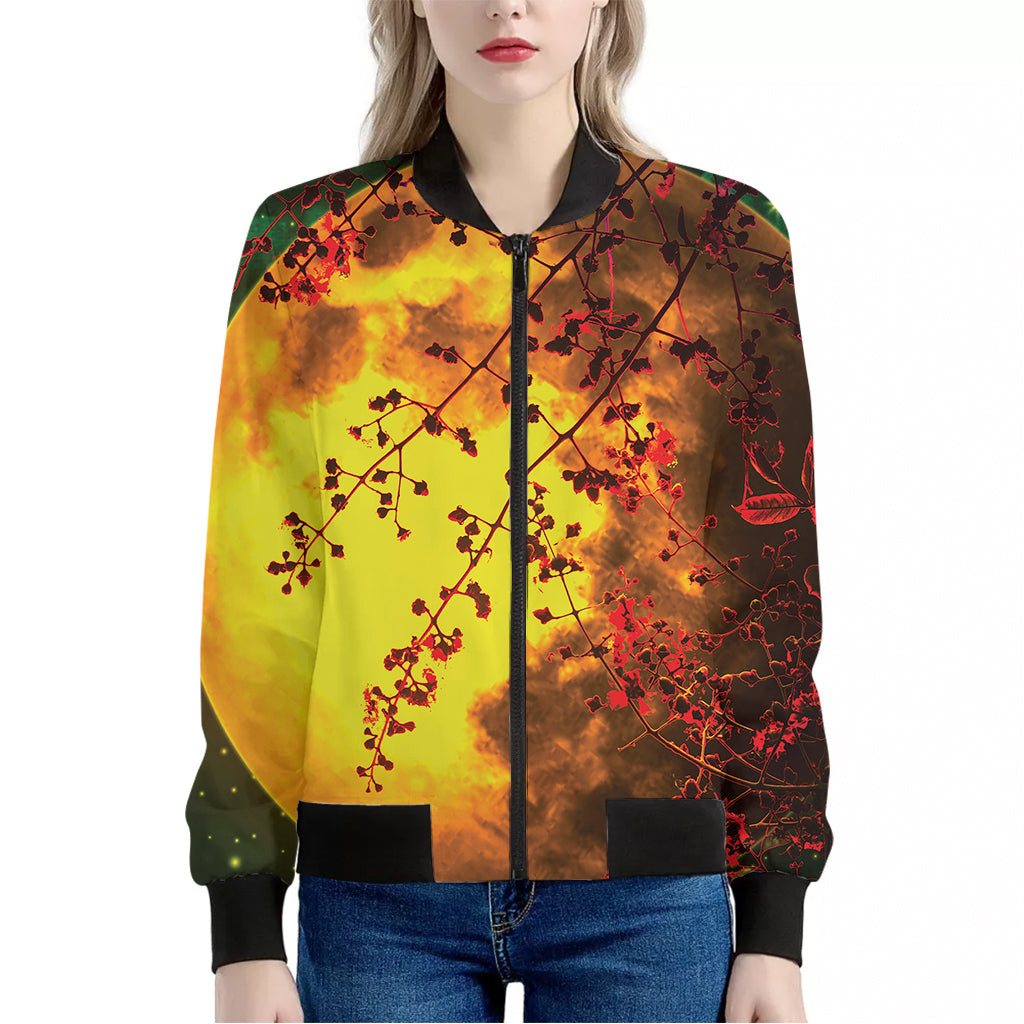 Yellow Full Moon Print Women's Bomber Jacket