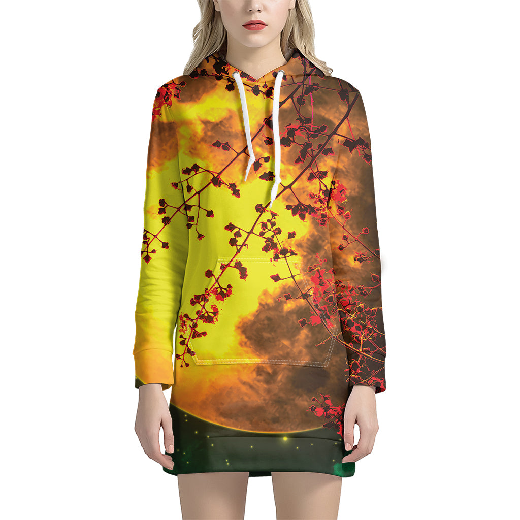 Yellow Full Moon Print Women's Pullover Hoodie Dress