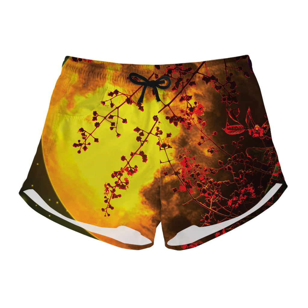 Yellow Full Moon Print Women's Shorts