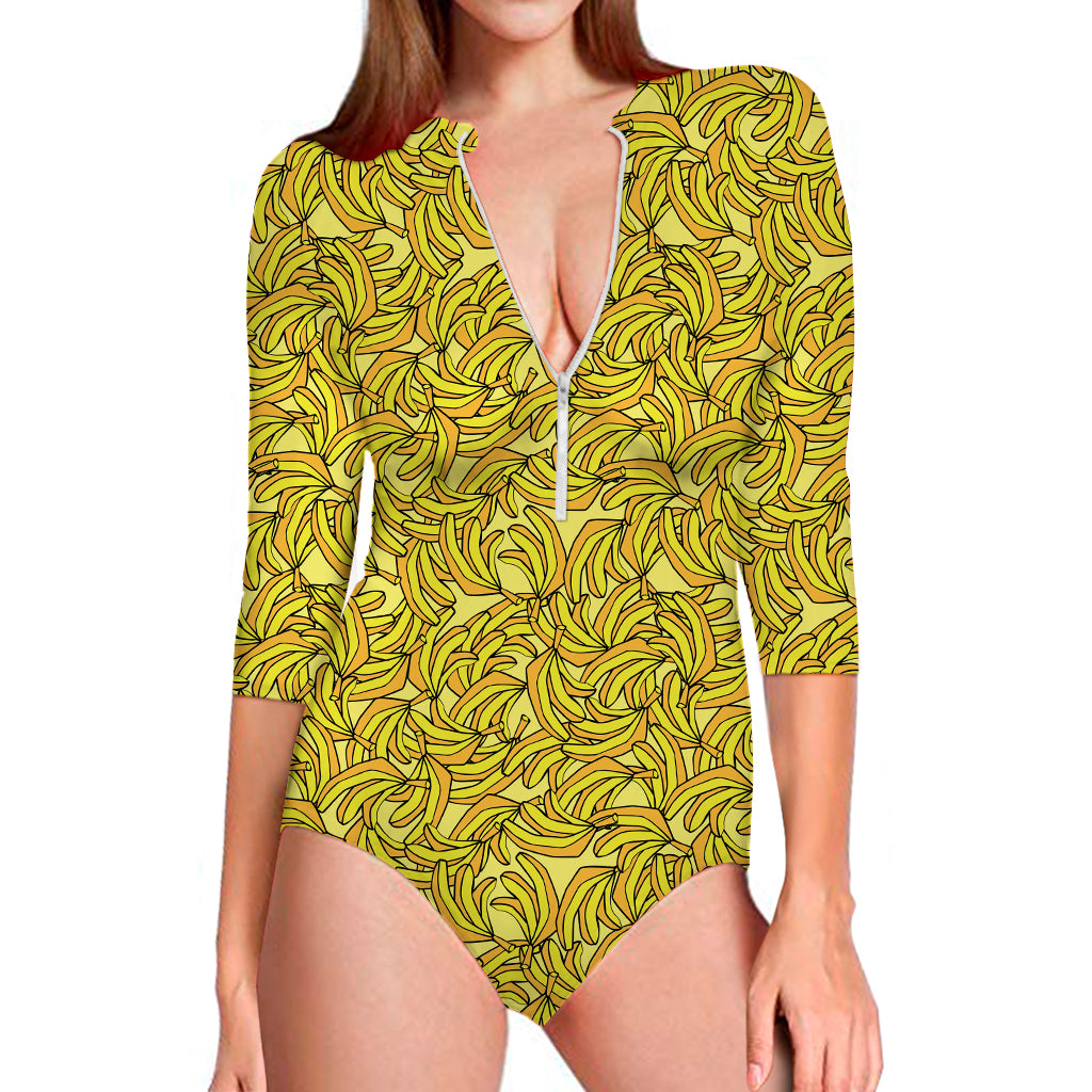 Yellow Geometric Banana Pattern Print Long Sleeve One Piece Swimsuit