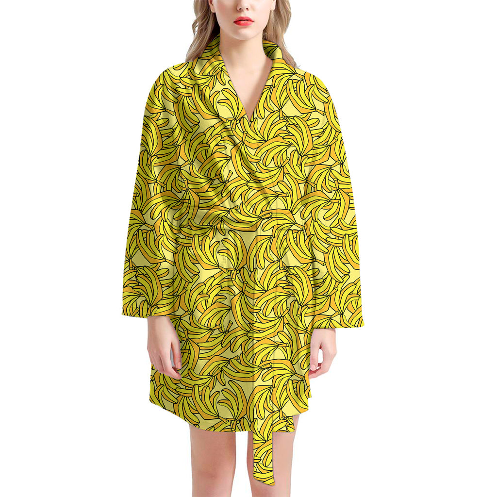 Yellow Geometric Banana Pattern Print Women's Bathrobe