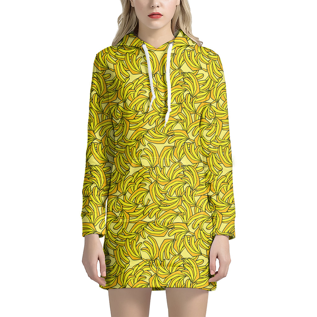 Yellow Geometric Banana Pattern Print Women's Pullover Hoodie Dress