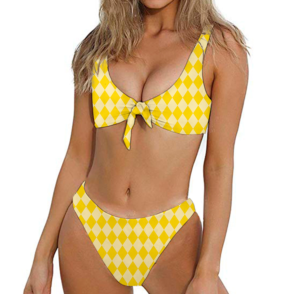 Yellow Harlequin Pattern Print Front Bow Tie Bikini