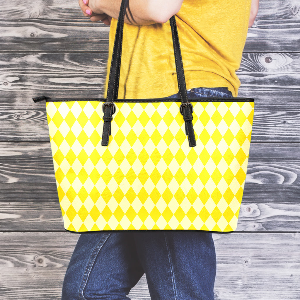 Yellow Harlequin Pattern Print Leather Tote Bag