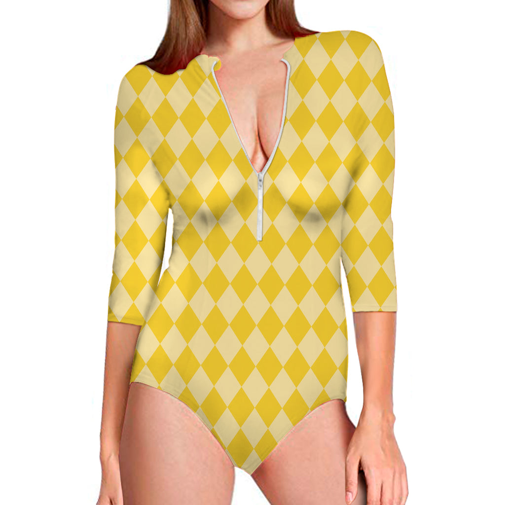 Yellow Harlequin Pattern Print Long Sleeve One Piece Swimsuit