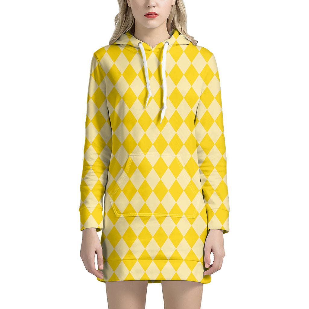 Yellow Harlequin Pattern Print Women's Pullover Hoodie Dress