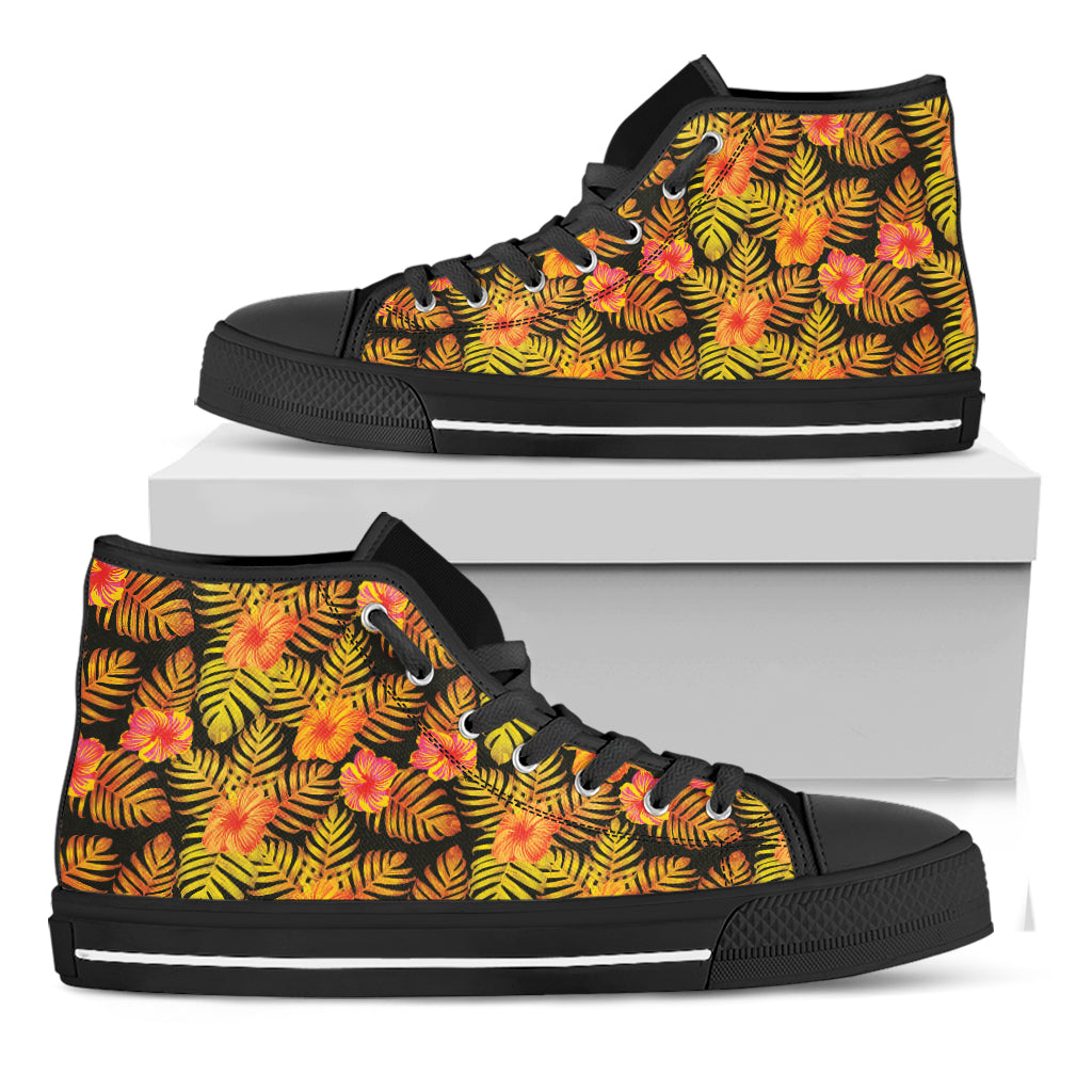 Yellow Hawaiian Tropical Pattern Print Black High Top Shoes